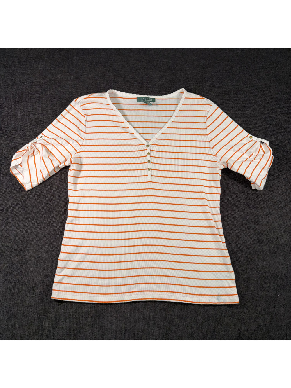 Lauren Ralph Lauren Women's Striped V-Neck Button-Up Shirt XL